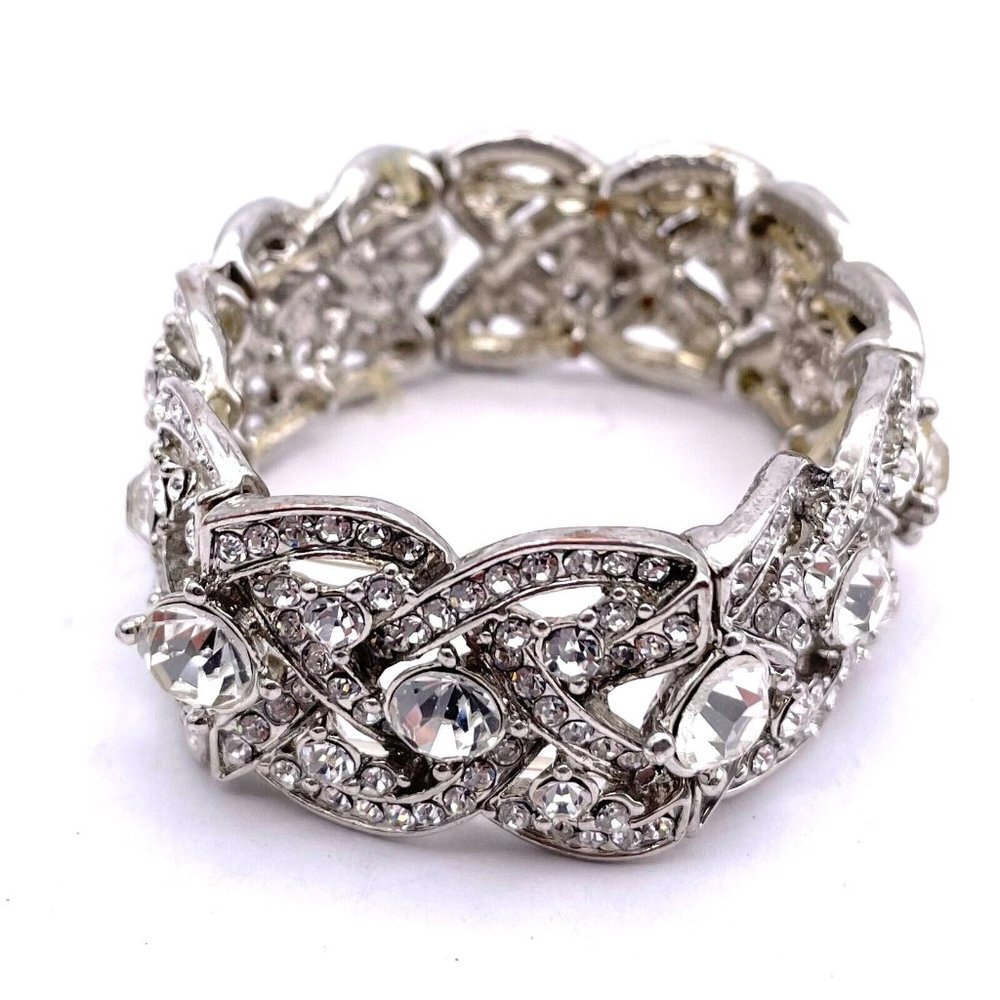 Rhinestone Silver Tone Open Work Stretch Bracelet